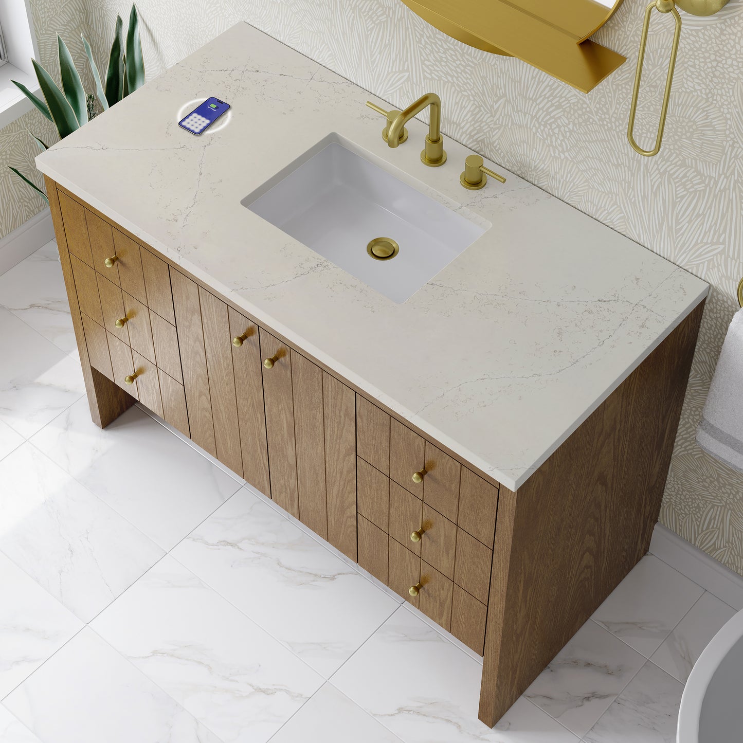 James Martin Hudson 48" Single Vanity Honey Oak w/ 3 CM Countertop & FreePower Wireless Charger