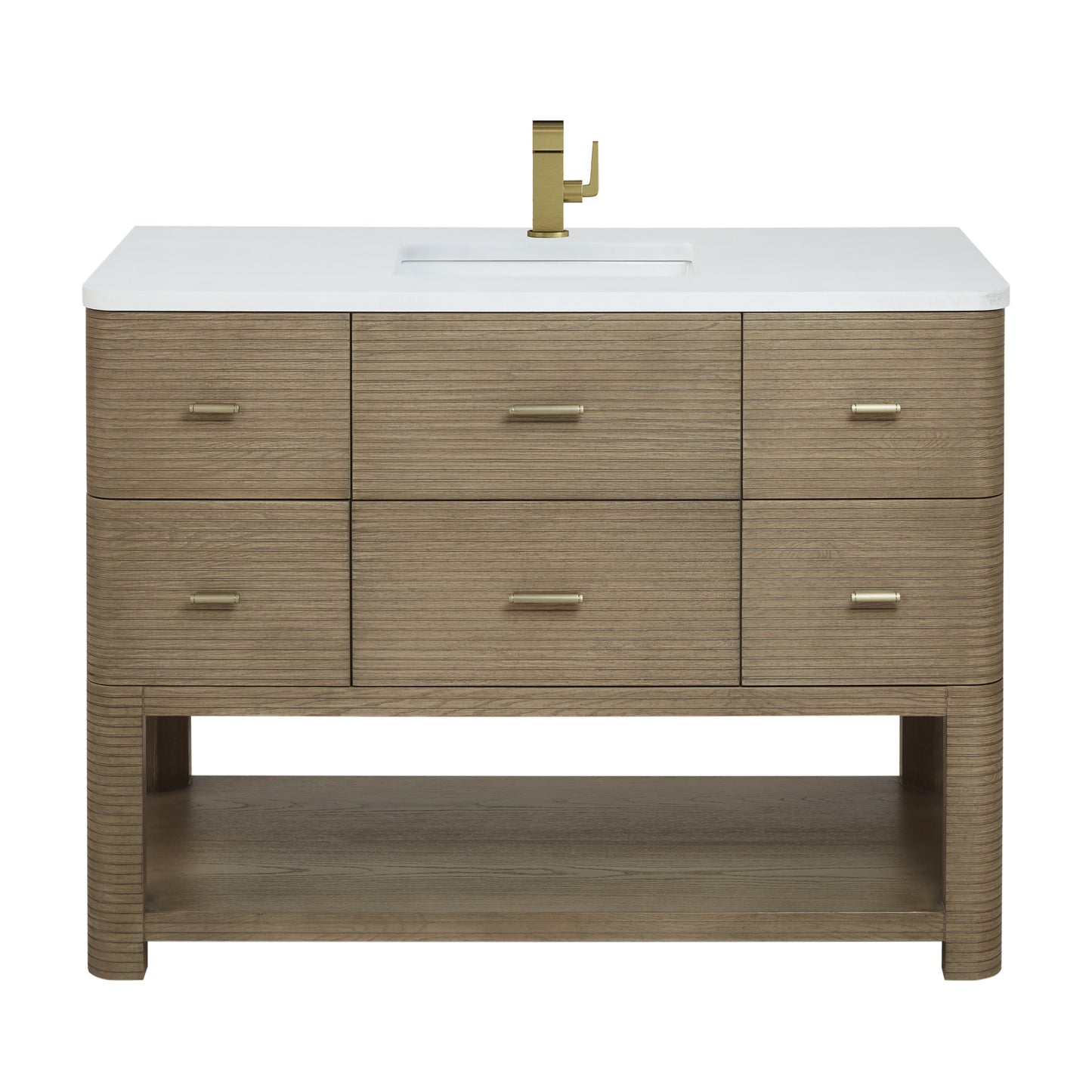 James Martin Lucian 48" Single Vanity, Pebble Oak w/ 3 CM Top - Luxe Bathroom Vanities