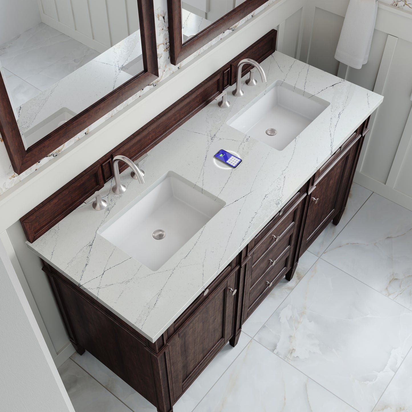 James Martin Brittany 60" Double Vanity with 3 CM Countertop & FreePower Wireless Charger