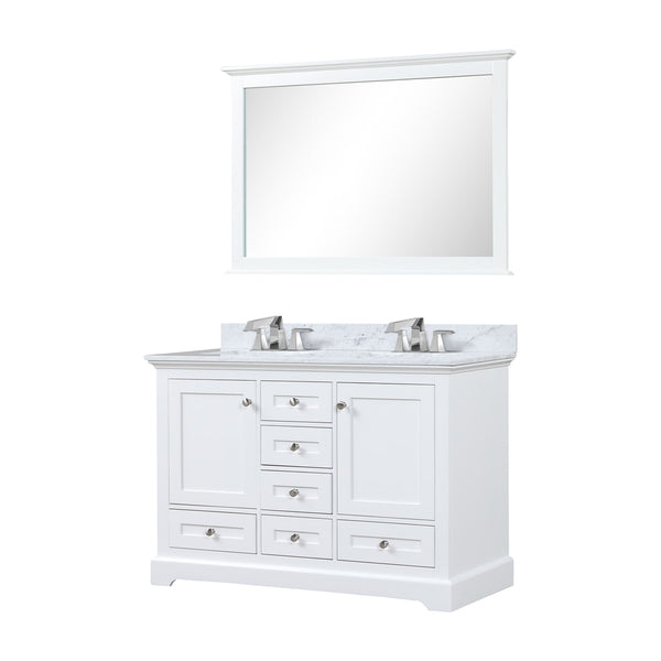 Lexora Collection Dukes 48 inch Double Bath Vanity, Carrara Marble Top, Faucet Set, 46 inch Mirror - Luxe Bathroom Vanities