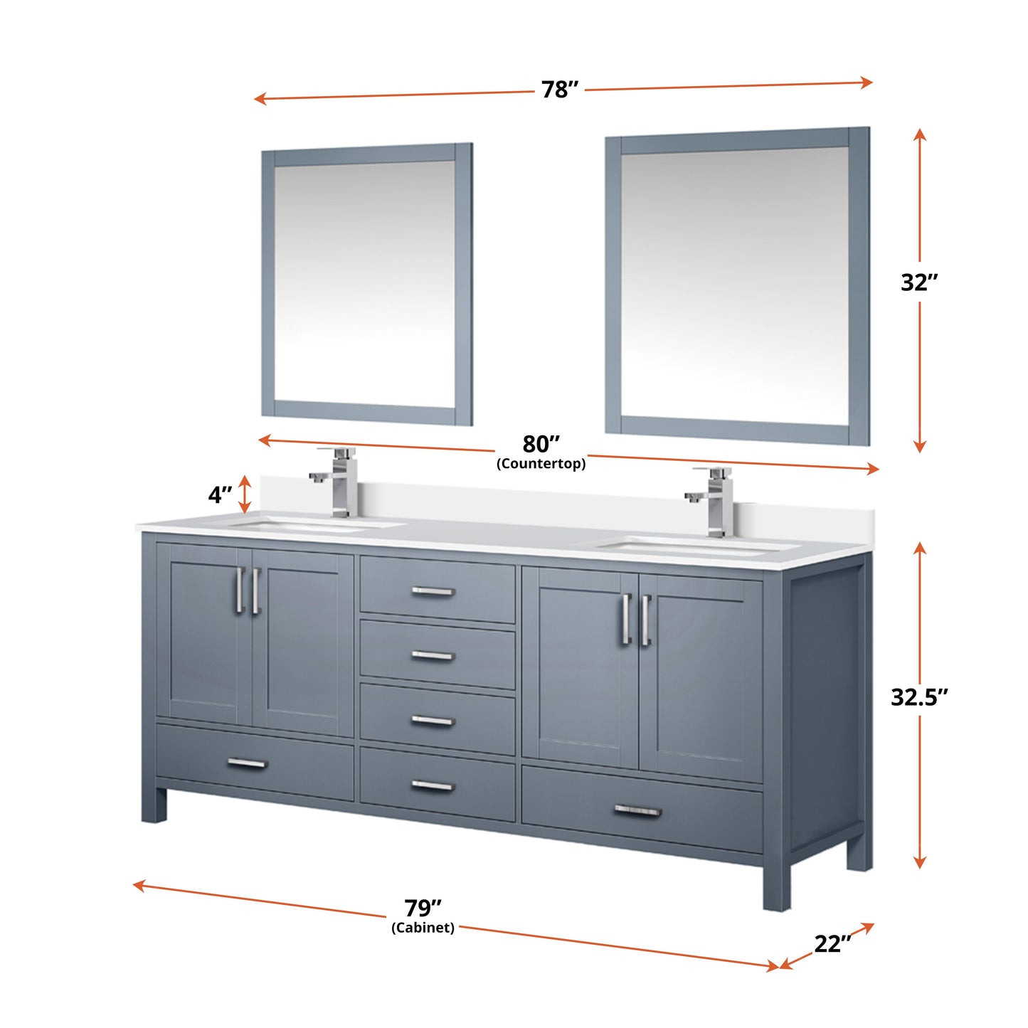 Lexora Collection Jacques 80 inch Double Bath Vanity, White Quartz Top, Faucet Set, and 30 inch Mirrors - Luxe Bathroom Vanities