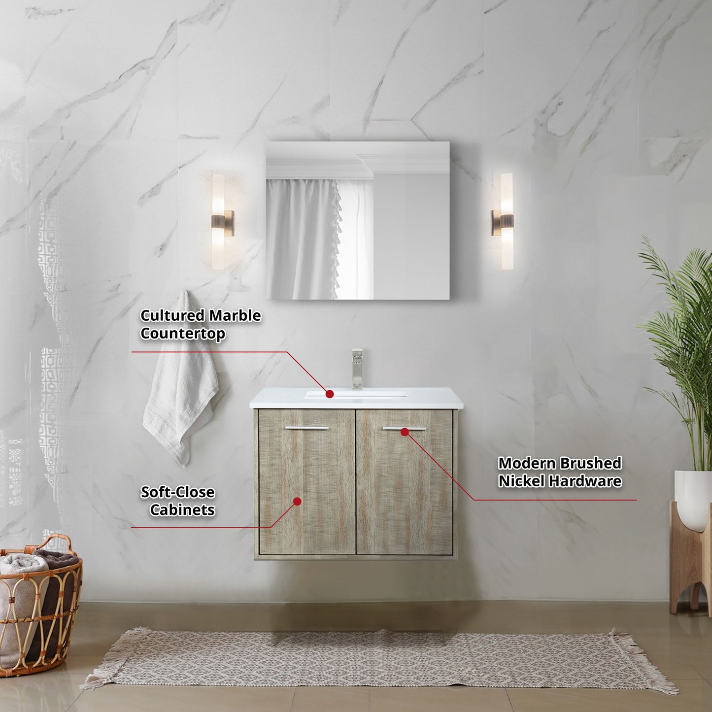 Lexora Collection Fairbanks 30 inch Rustic Acacia Bath Vanity, Cultured Marble Top, Faucet Set and 28 inch Mirror - Luxe Bathroom Vanities