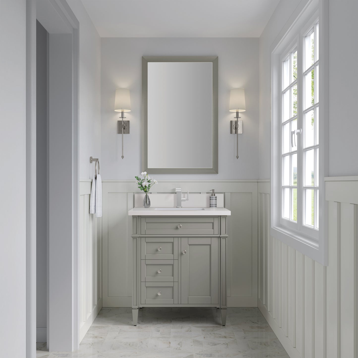 James Martin Brittany 30" Single Vanity with Single Hole 3 CM White Zeus Silestone Top & Backsplash