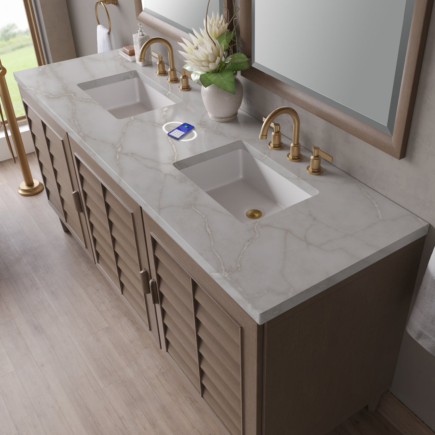 James Martin Portland 72" Double Vanity Whitewashed Walnut with 3 CM Countertop & FreePower Wireless Charger