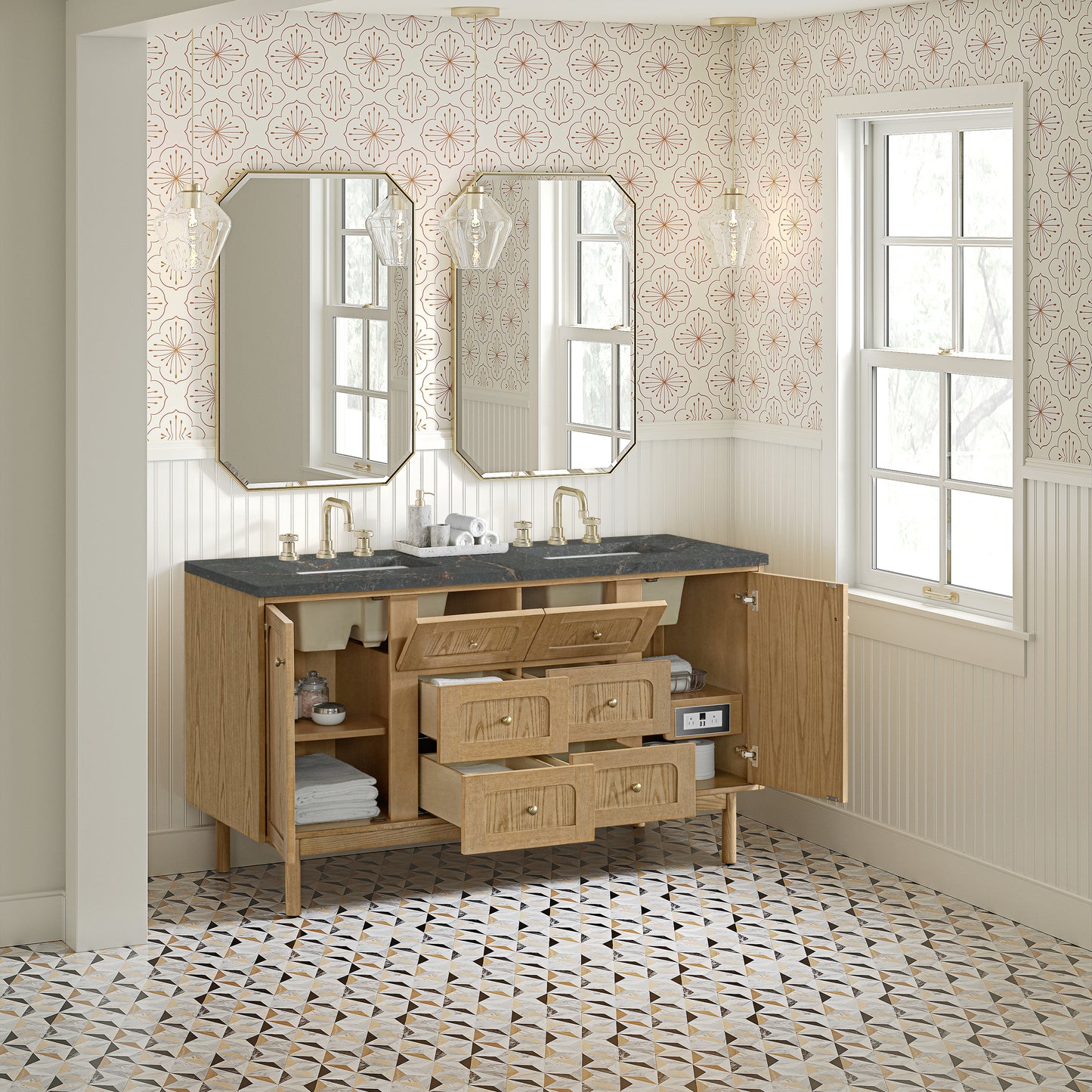 James Martin Laurent 60" Double Vanity with 3 CM Countertop & FreePower Wireless Charger