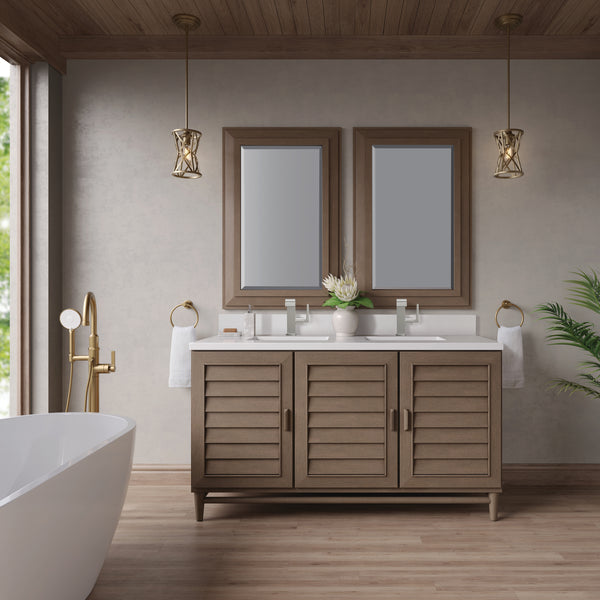 James Martin Portland 60" Double Vanity Whitewashed Walnut with Single Hole 3 CM White Zeus Silestone Top & Backsplash