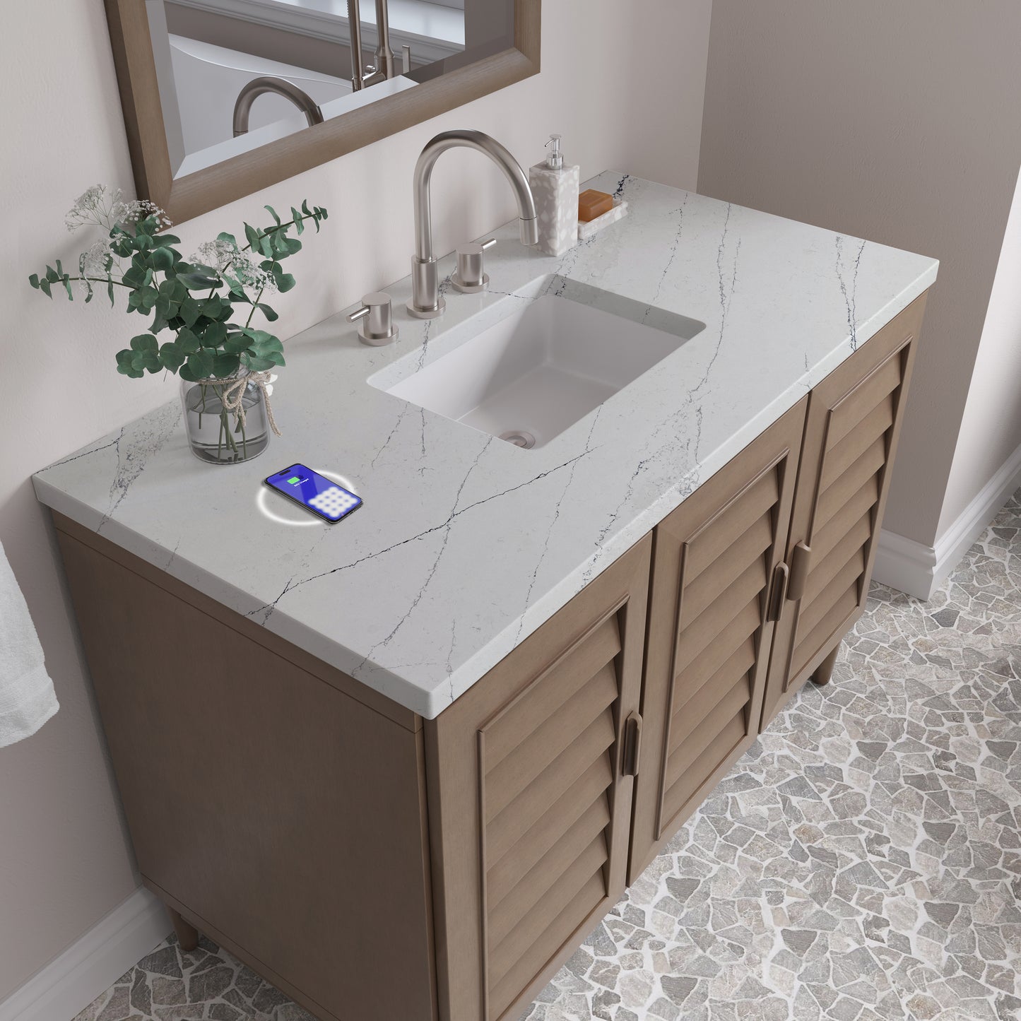 James Martin Portland 48" Single Vanity Whitewashed Walnut with 3 CM Countertop & FreePower Wireless Charger