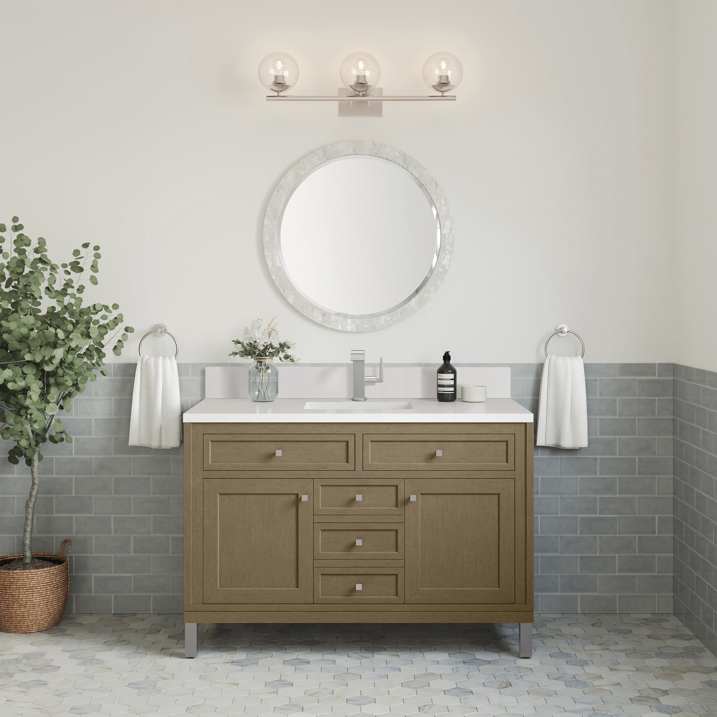 James Martin Chicago 48" Single Vanity with Single Hole 3CM White Zeus Silestone Top & Backsplash