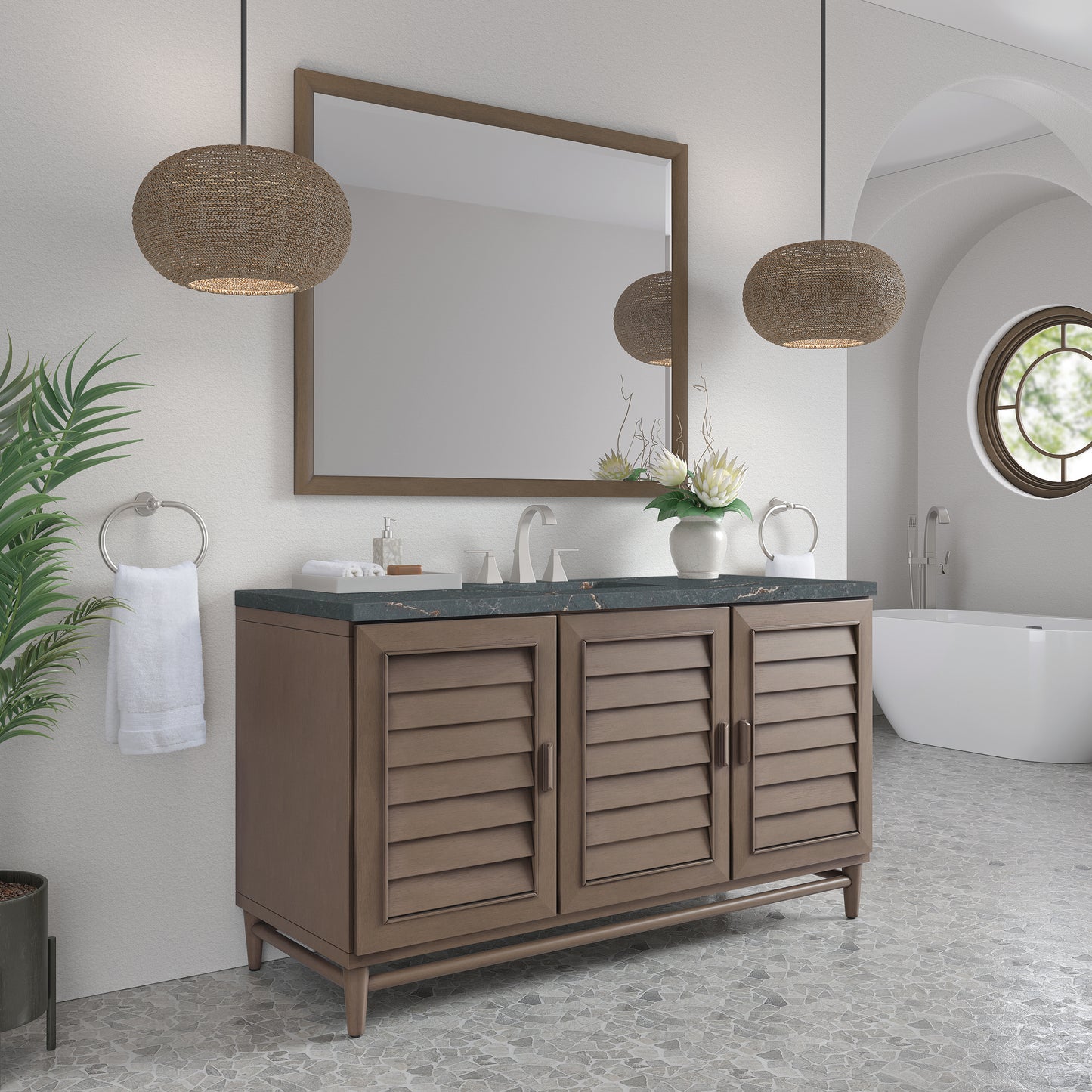 James Martin Portland 60" Single Vanity Whitewashed Walnut with 3 CM Countertop & FreePower Wireless Charger