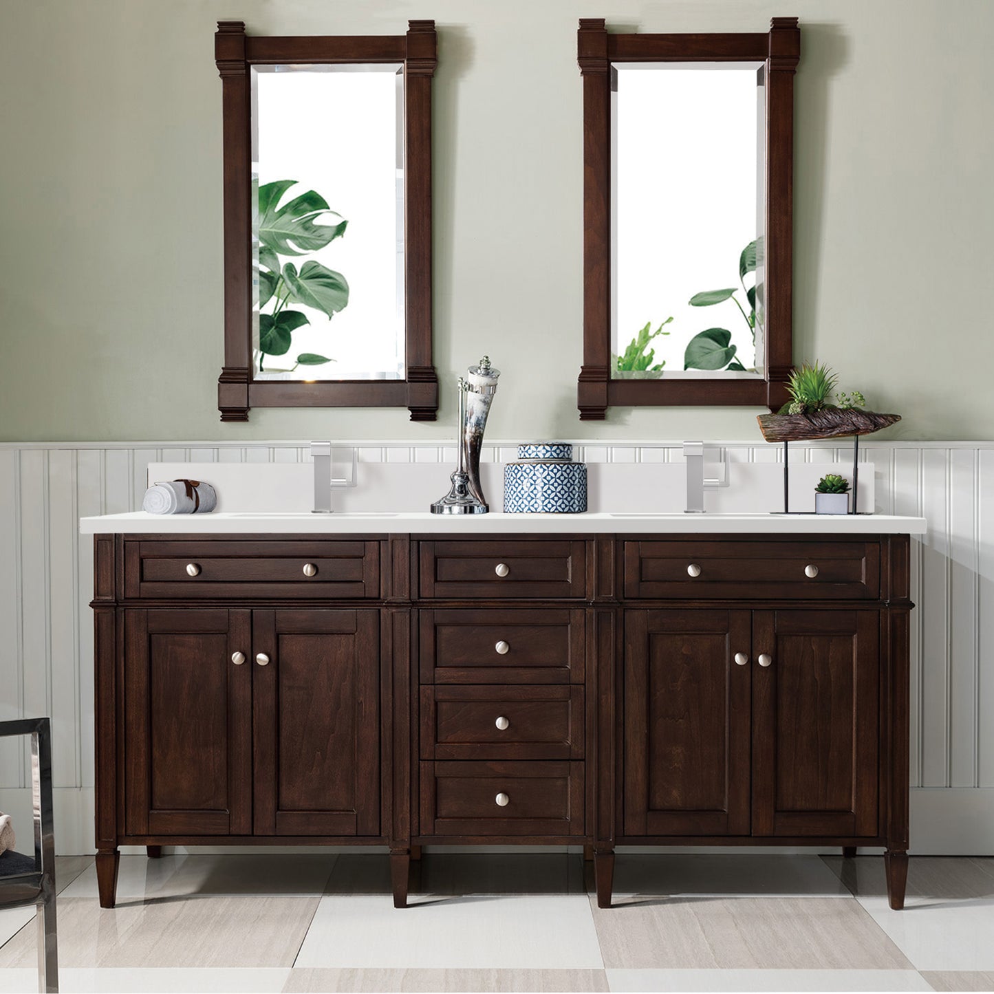 James Martin Brittany 72" Double Vanity with Single Hole 3 CM White Zeus Silestone Top & Backsplash