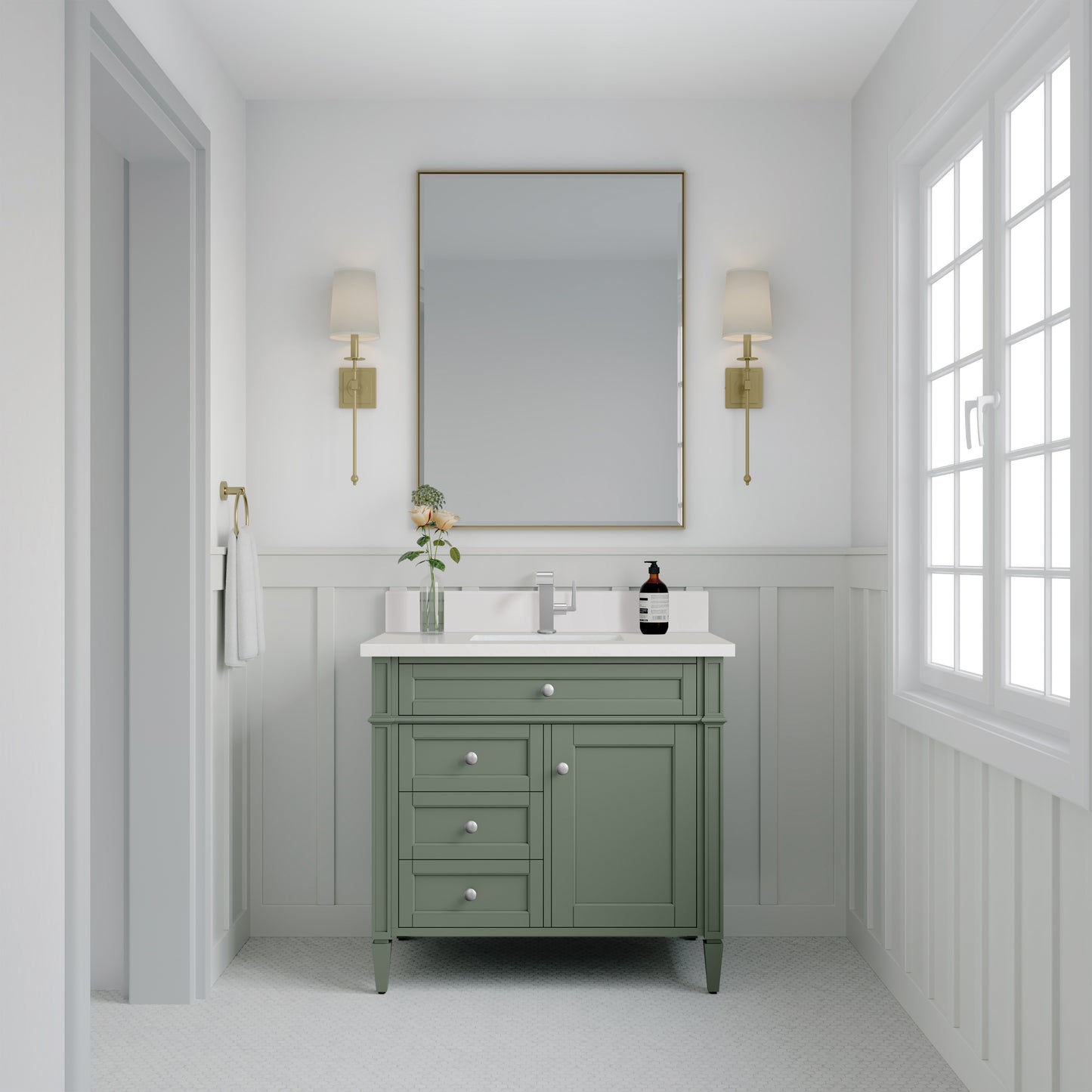 James Martin Brittany 36" Single Vanity with Single Hole 3 CM White Zeus Silestone Top & Backsplash