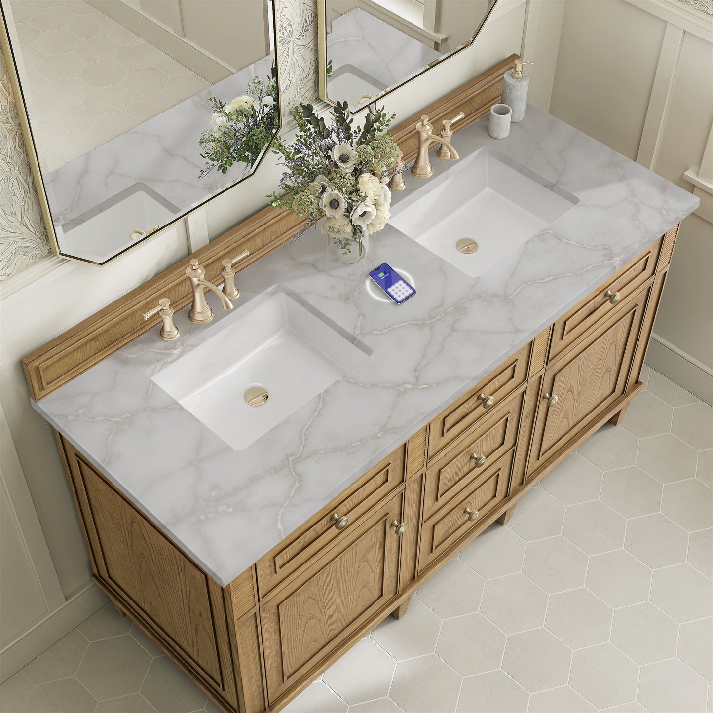 James Martin Lorelai 60" Double Vanity with 3 CM Countertop & FreePower Wireless Charger
