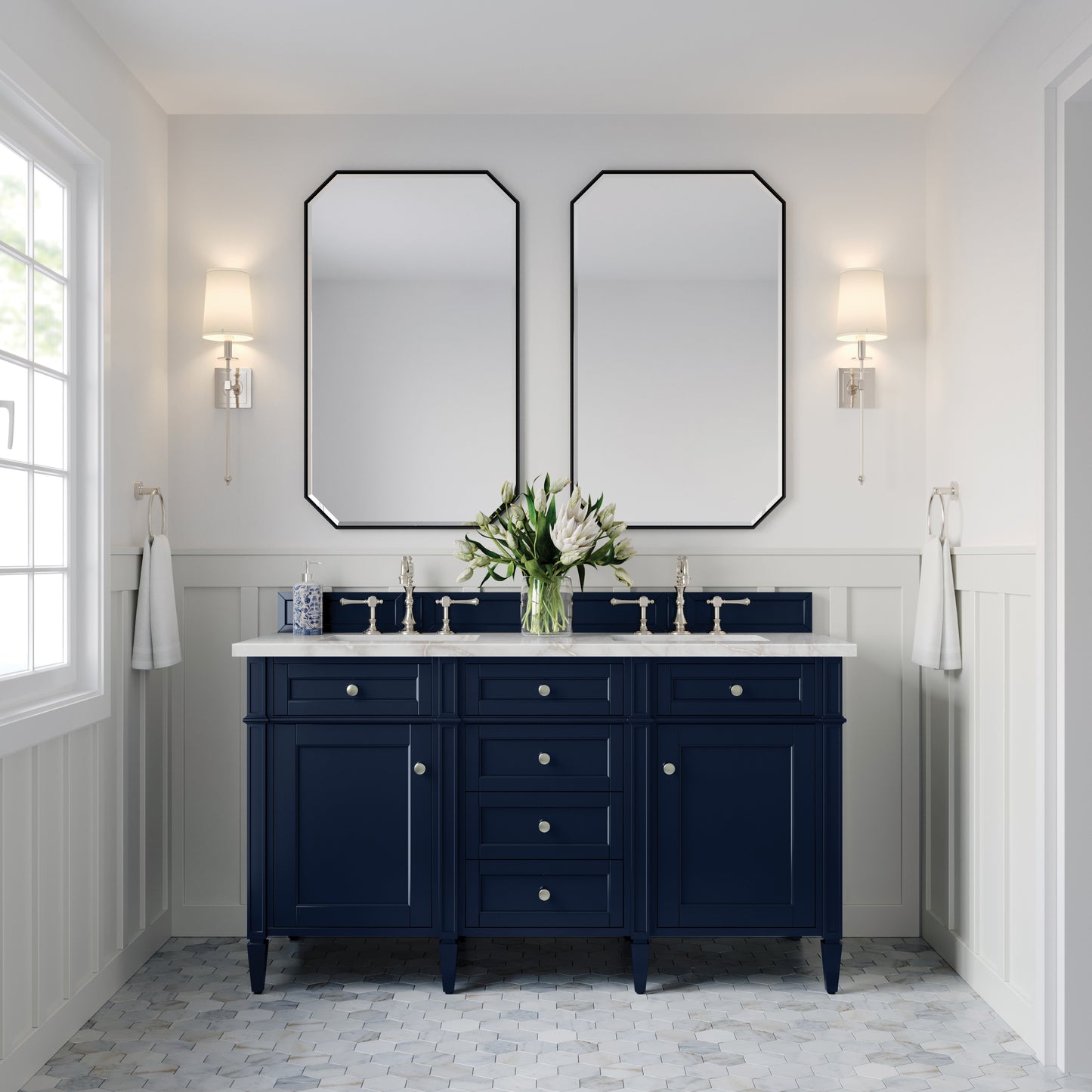 James Martin Brittany 60" Double Vanity with 3 CM Countertop & FreePower Wireless Charger