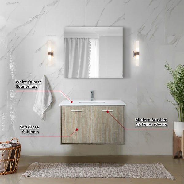 Lexora Collection Fairbanks 36 inch Rustic Acacia Bath Vanity, White Quartz Top, Faucet Set and 28 inch Mirror - Luxe Bathroom Vanities