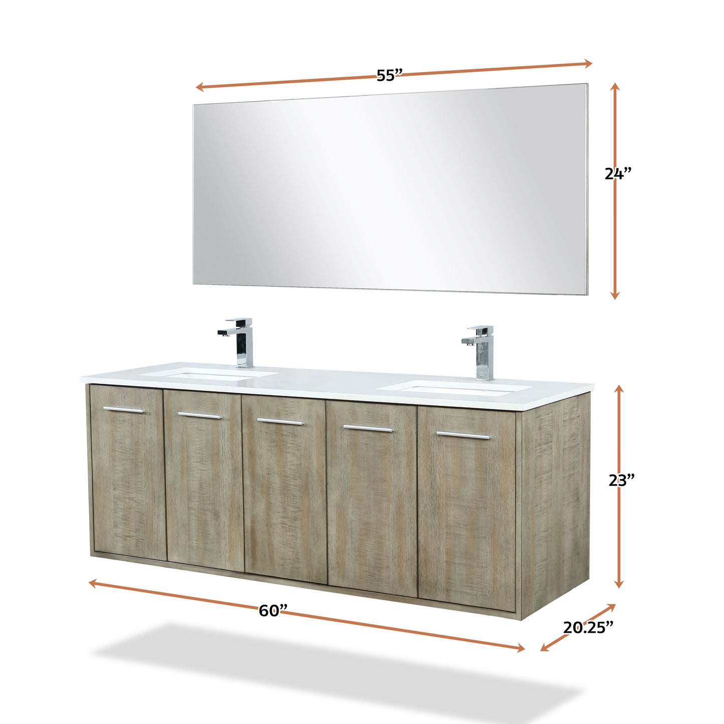 Lexora Collection Fairbanks 60 inch Rustic Acacia Double Bath Vanity, White Quartz Top, Faucet Set and 55 inch Mirror - Luxe Bathroom Vanities