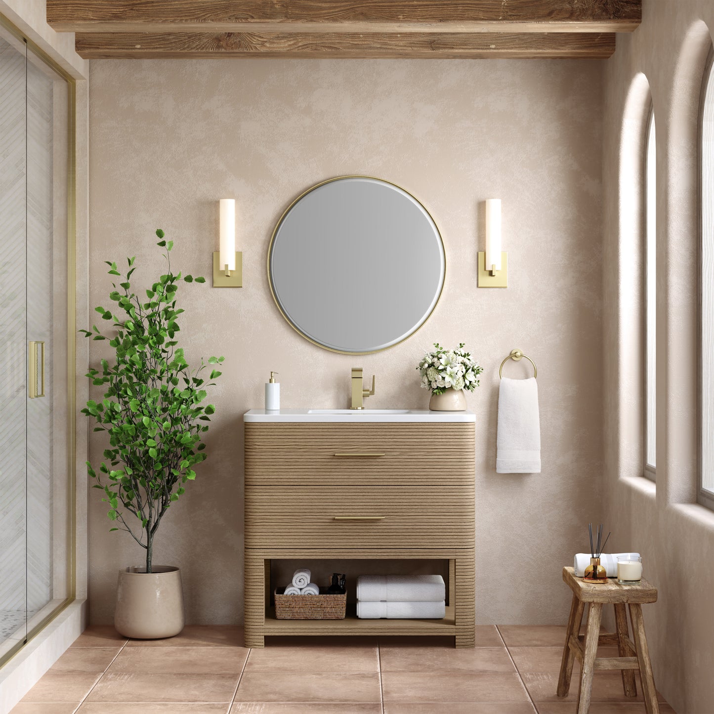 James Martin Lucian 36" Single Vanity, Pebble Oak w/ 3 CM Top - Luxe Bathroom Vanities