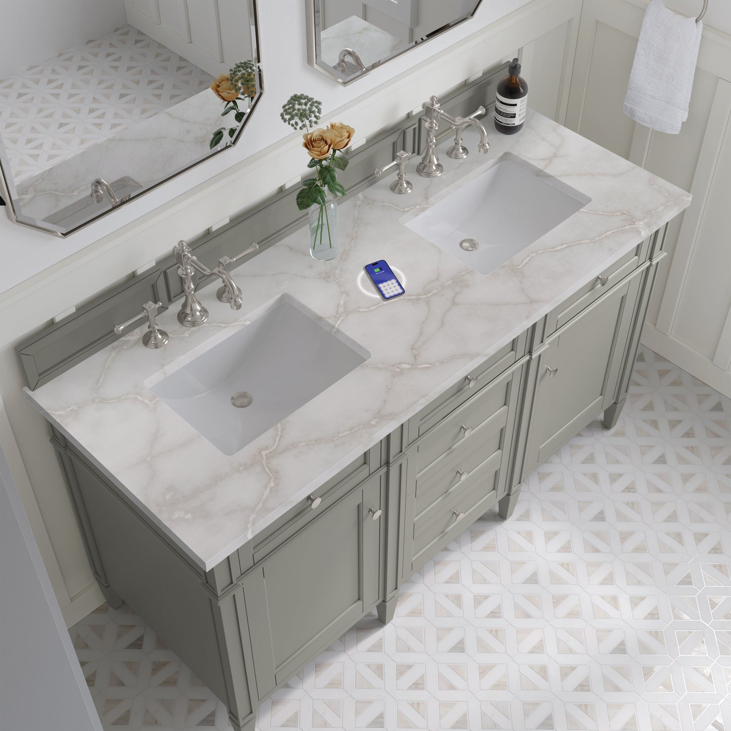 James Martin Brittany 60" Double Vanity with 3 CM Countertop & FreePower Wireless Charger