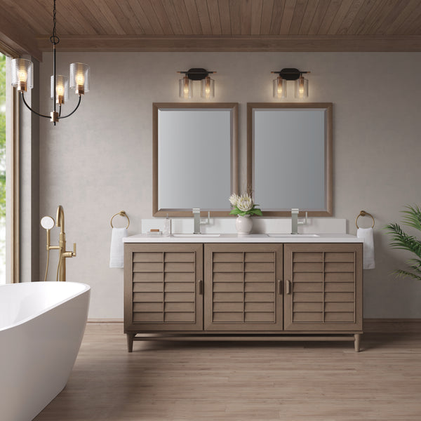 James Martin Portland 72" Double Vanity Whitewashed Walnut with Single Hole 3 CM White Zeus Silestone Top & Backsplash
