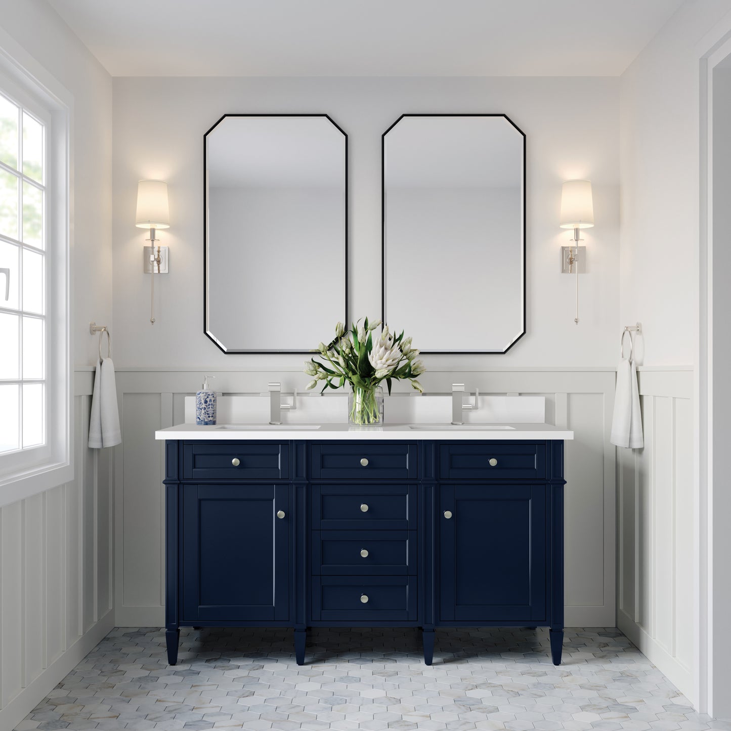 James Martin Brittany 60" Double Vanity with Single Hole 3 CM White Zeus Silestone Top & Backsplash