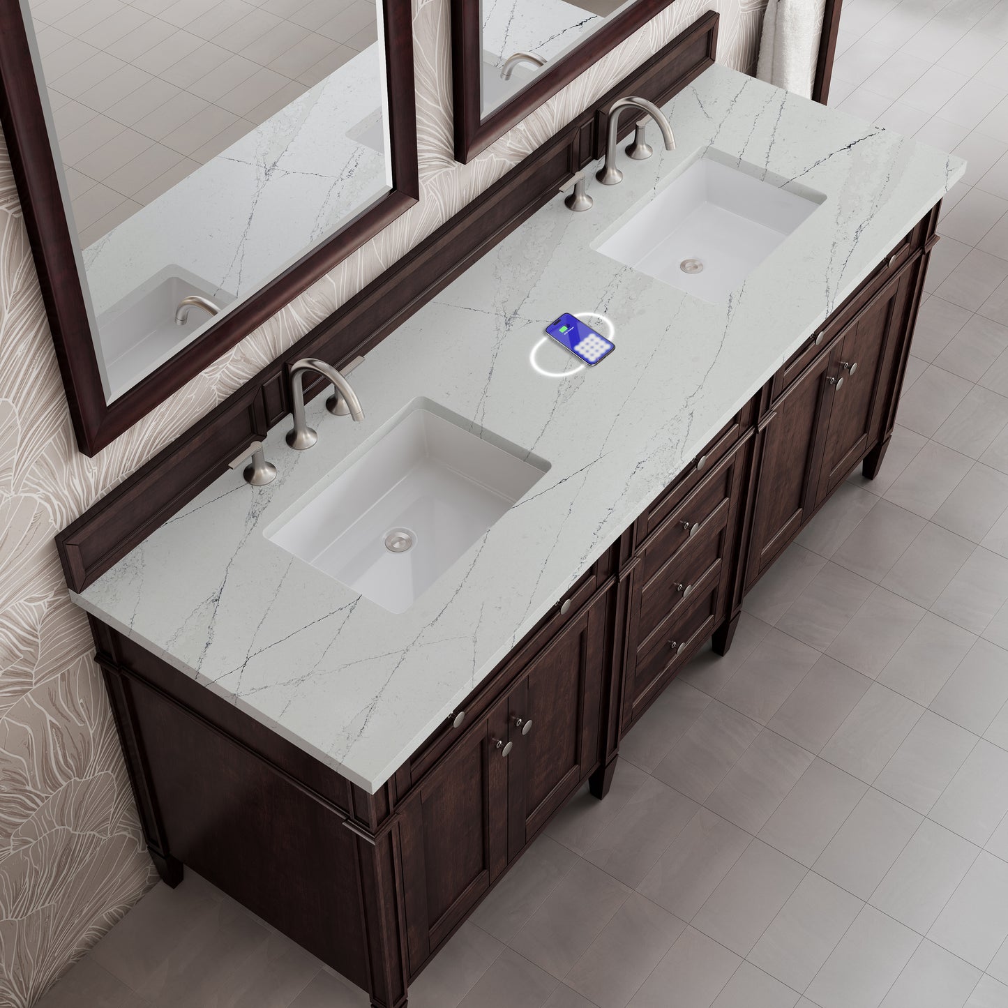 James Martin Brittany 72" Double Vanity with 3 CM Countertop & FreePower Wireless Charger