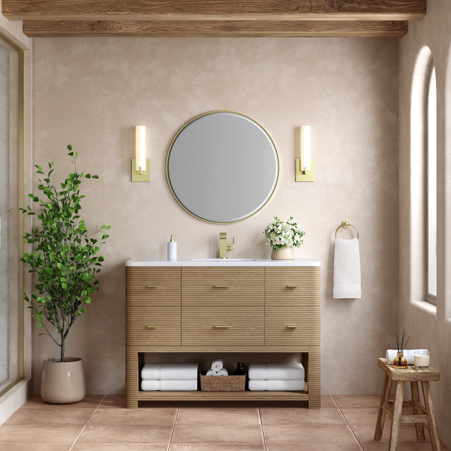 James Martin Lucian 48" Single Vanity, Pebble Oak w/ 3 CM Top - Luxe Bathroom Vanities