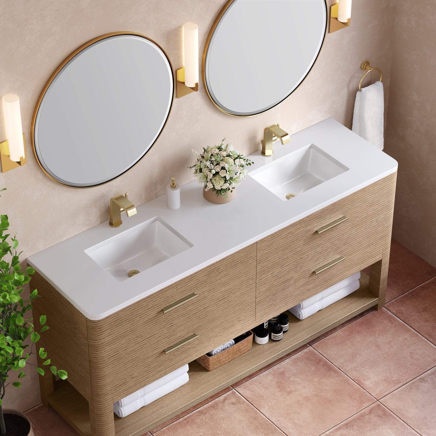 James Martin Lucian 72" Double Vanity, Pebble Oak w/ 3 CM Top - Luxe Bathroom Vanities