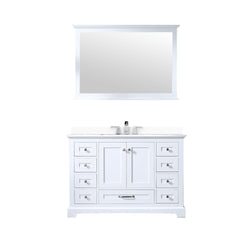 Lexora Collection Dukes 48 inch Single Bath Vanity, Cultured Marble Top, Faucet Set, and 46 inch Mirror - Luxe Bathroom Vanities