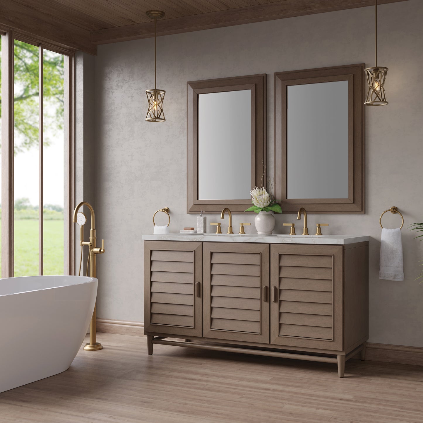 James Martin Portland 60" Double Vanity Whitewashed Walnut with 3 CM Countertop & FreePower Wireless Charger