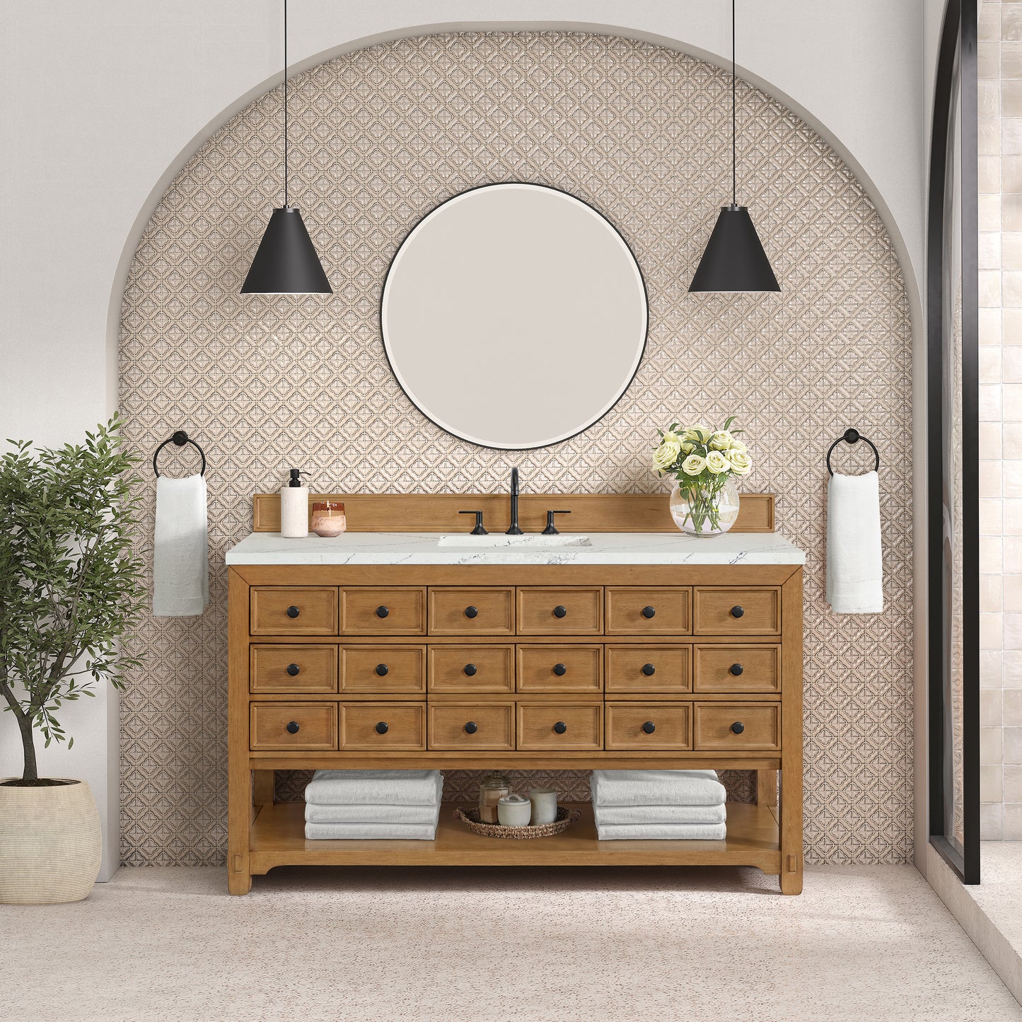 James Martin Malibu 60" Single Vanity, Amber Birch with 3 CM Countertop & FreePower Wireless Charger