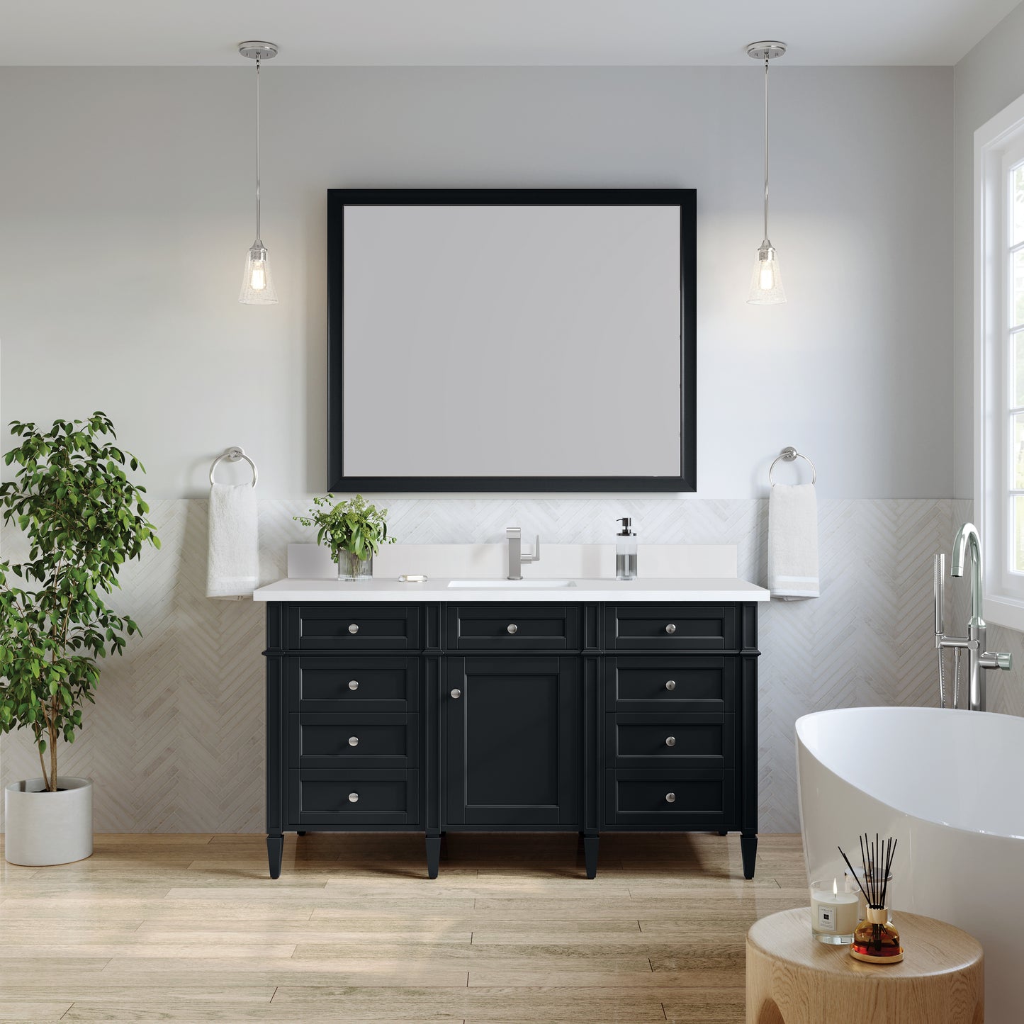 James Martin Brittany 60" Single Vanity with Single Hole 3 CM White Zeus Silestone Top & Backsplash