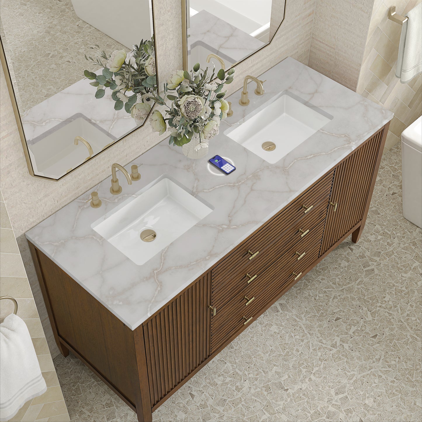 James Martin Myrrin 60" Double Vanity with 3 CM Countertop & FreePower Wireless Charger