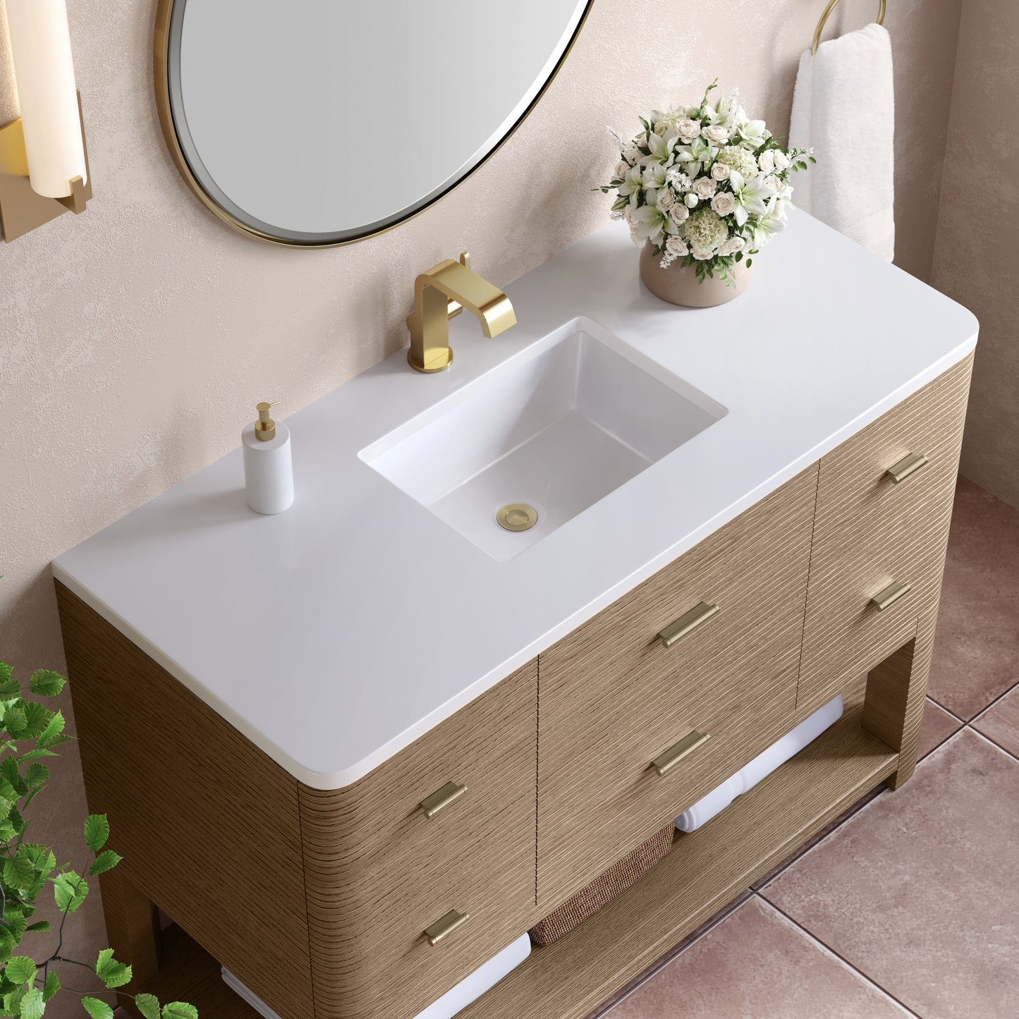 James Martin Lucian 48" Single Vanity, Pebble Oak w/ 3 CM Top - Luxe Bathroom Vanities