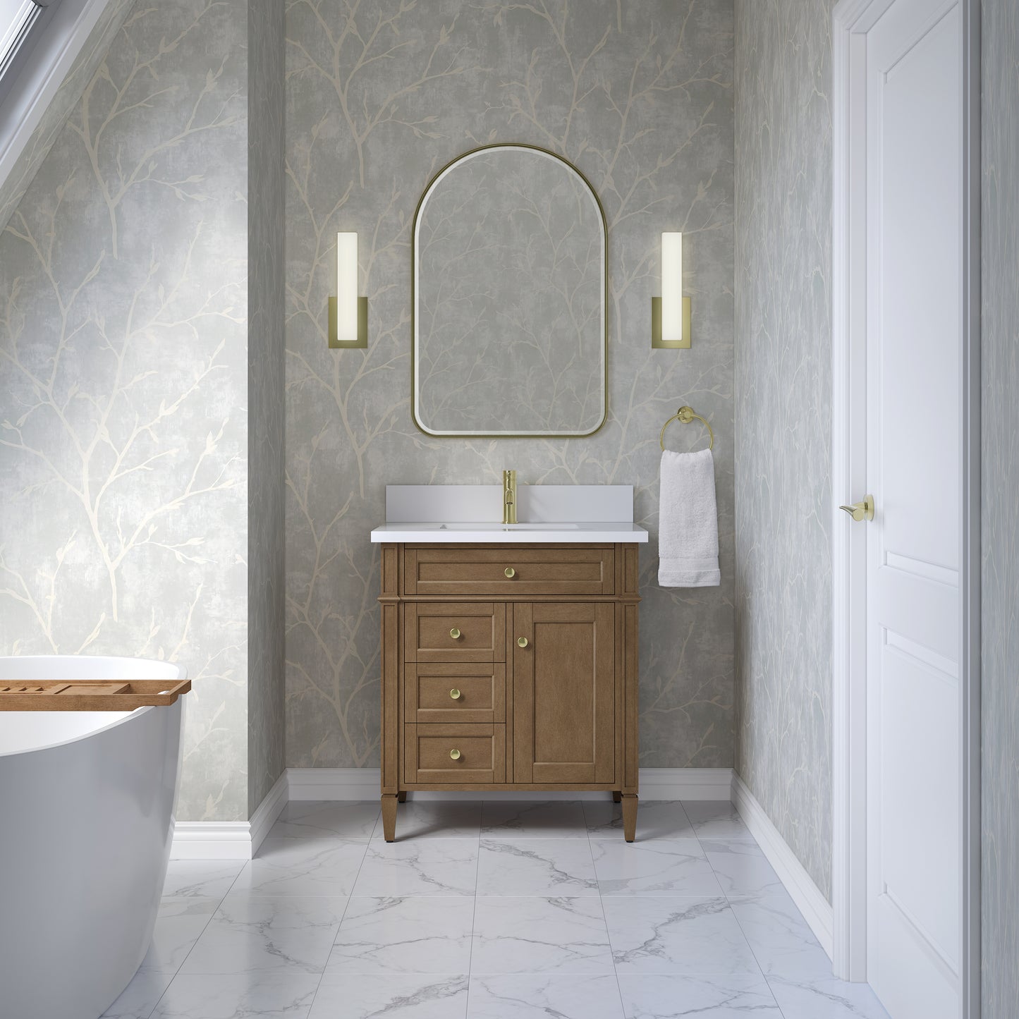 James Martin Brittany 30" Single Vanity with Single Hole 3 CM White Zeus Quartz Top & Backsplash