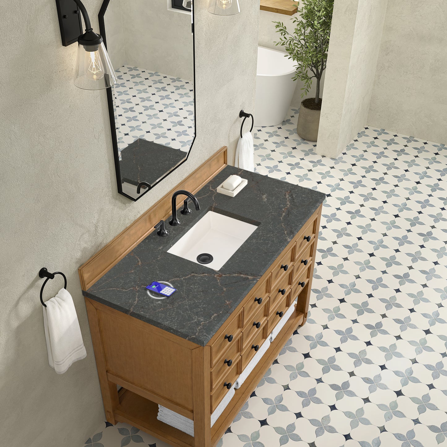 James Martin Malibu 48" Single Vanity, Amber Birch with 3 CM Countertop & FreePower Wireless Charger