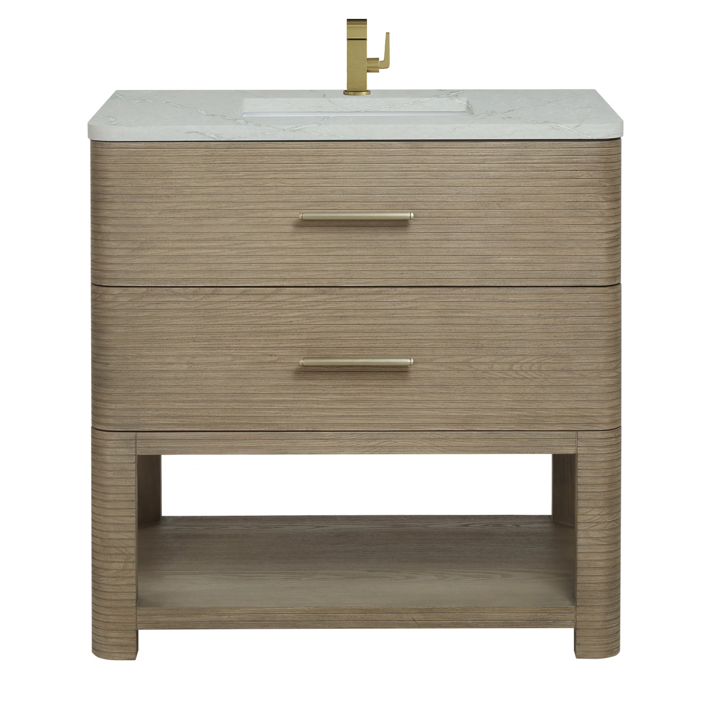 James Martin Lucian 36" Single Vanity, Pebble Oak w/ 3 CM Top - Luxe Bathroom Vanities