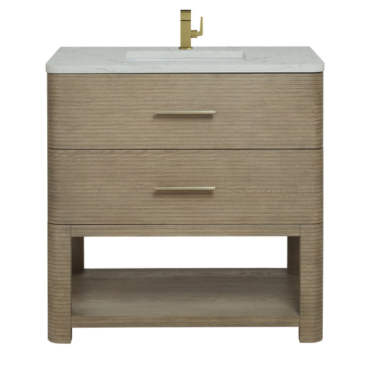 James Martin Lucian 36" Single Vanity, Pebble Oak w/ 3 CM Top - Luxe Bathroom Vanities