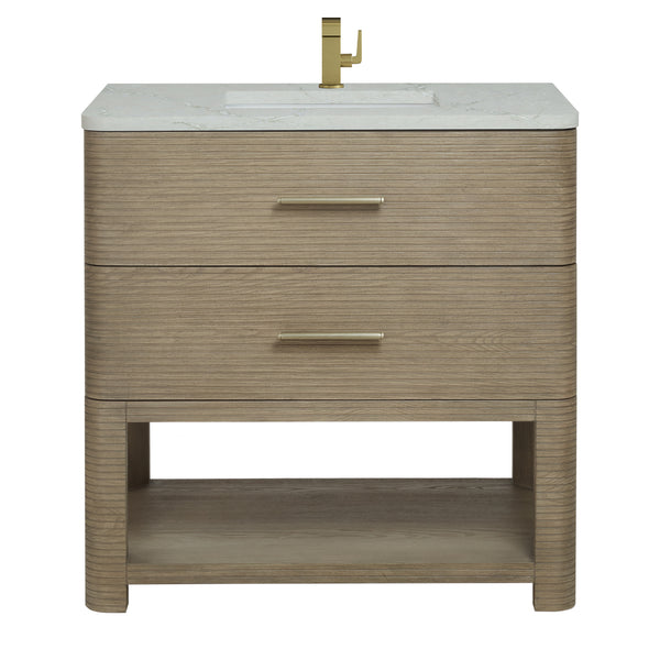 James Martin Lucian 36" Single Vanity, Pebble Oak w/ 3 CM Top - Luxe Bathroom Vanities
