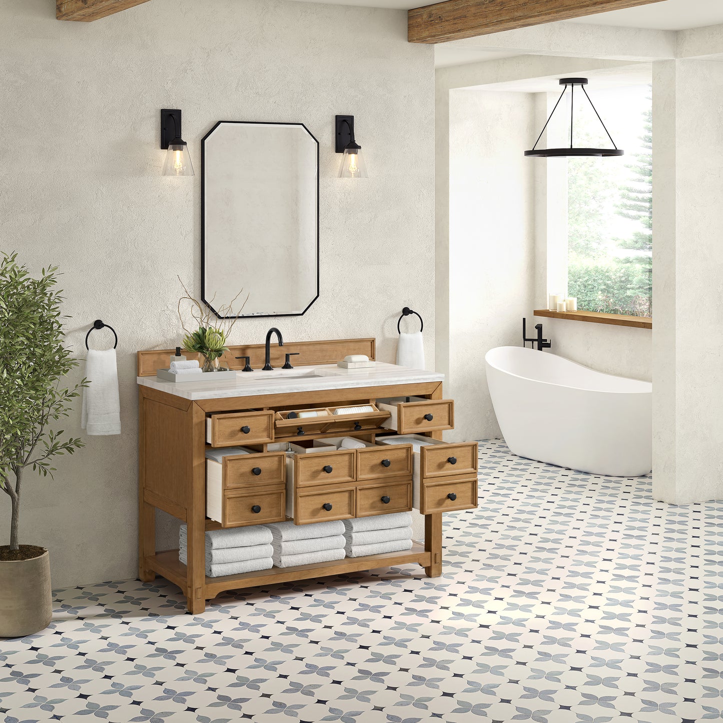 James Martin Malibu 48" Single Vanity, Amber Birch w/ 3 CM Counter Top - Luxe Bathroom Vanities