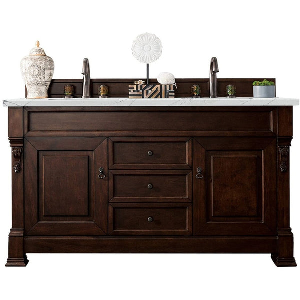 James Martin Brookfield 60" Double Vanity Vanities James Martin Burnished Mahogany w/ 3 CM Ethereal Noctis Quartz Top 