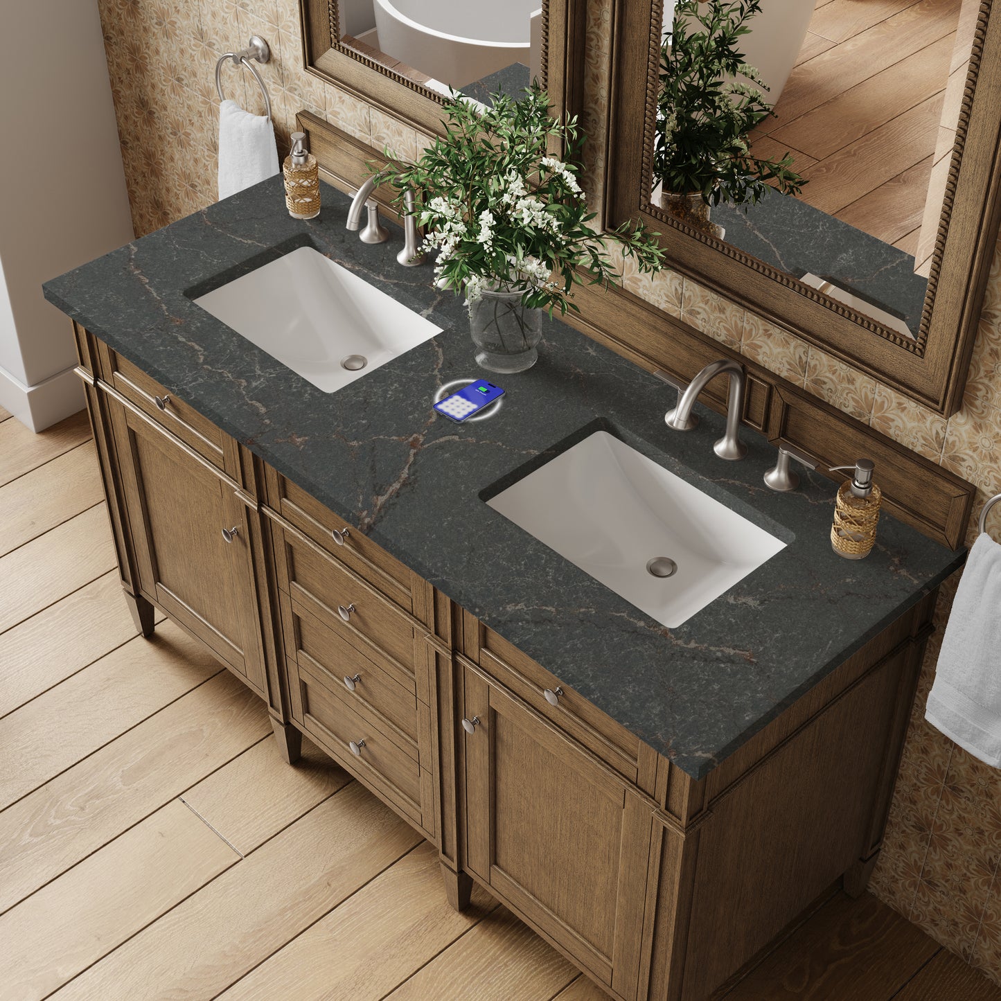 James Martin Brittany 60" Double Vanity with 3 CM Countertop & FreePower Wireless Charger