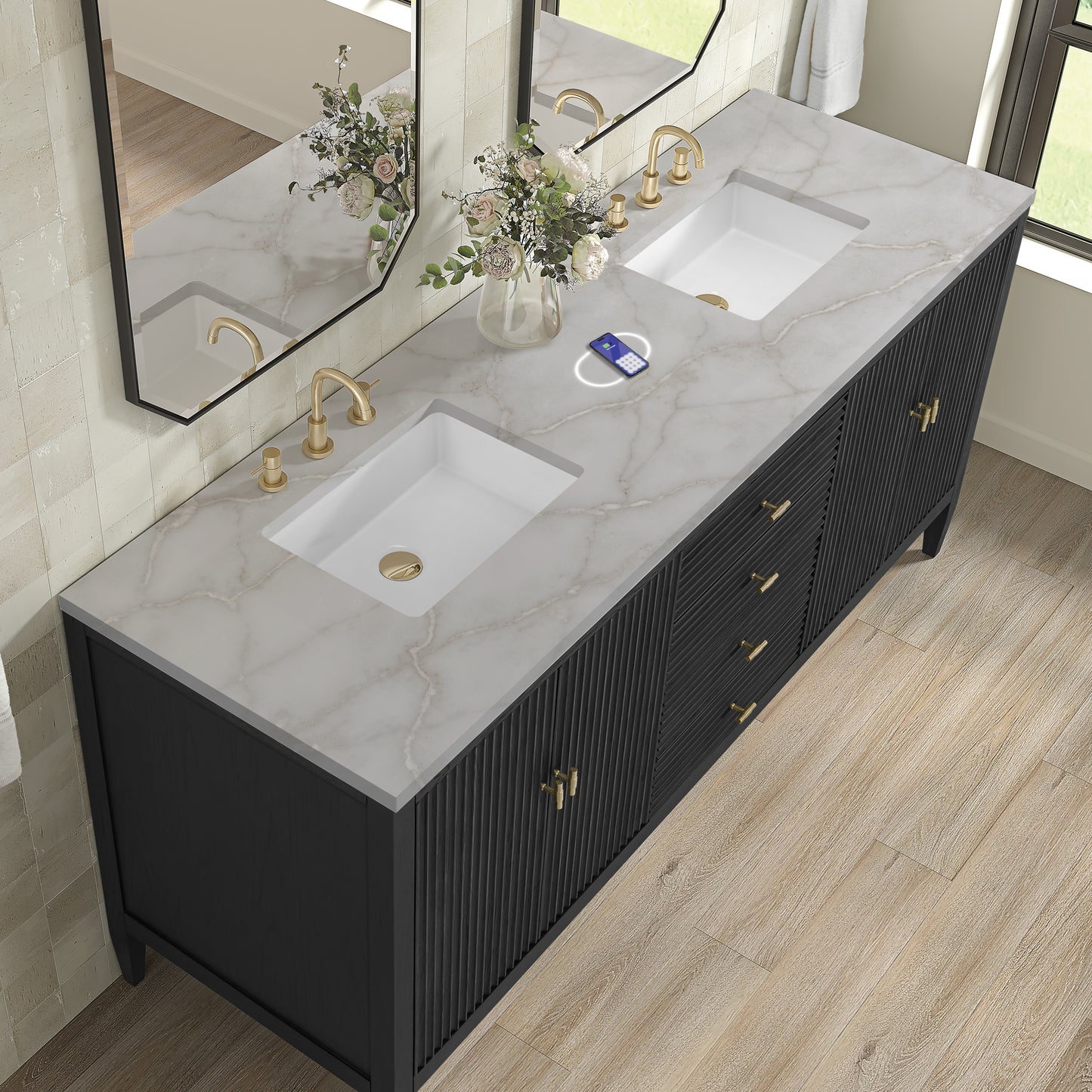 James Martin Myrrin 72" Double Vanity with 3 CM Countertop & FreePower Wireless Charger