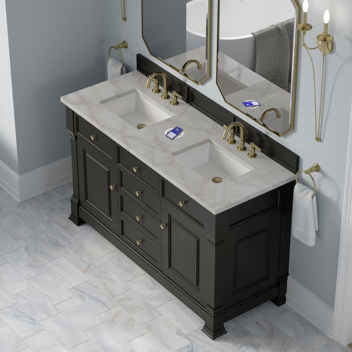 James Martin Brookfield 60" Double Vanity with 3 CM Countertop & FreePower Wireless Charger