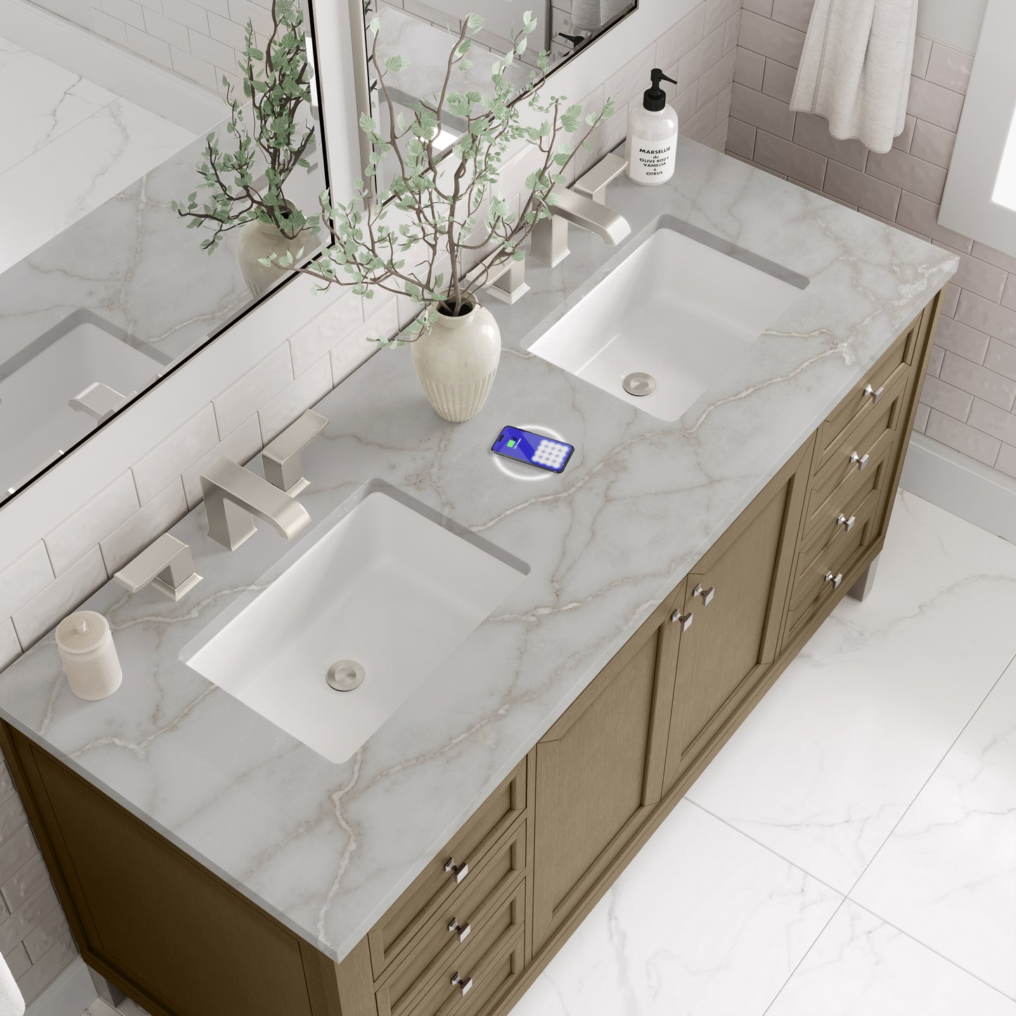 James Martin Chicago 60" Double Vanity with 3 CM Countertop & FreePower Wireless Charger