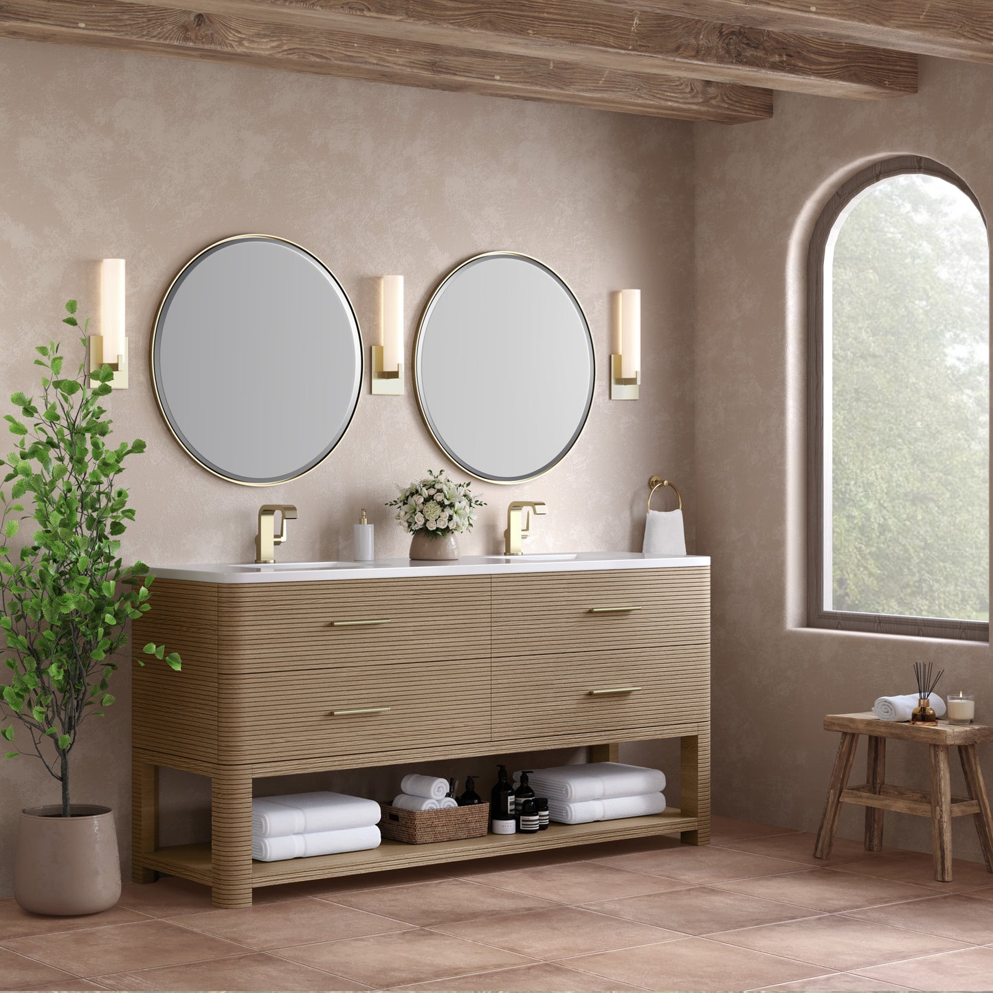 James Martin Lucian 72" Double Vanity, Pebble Oak w/ 3 CM Top - Luxe Bathroom Vanities