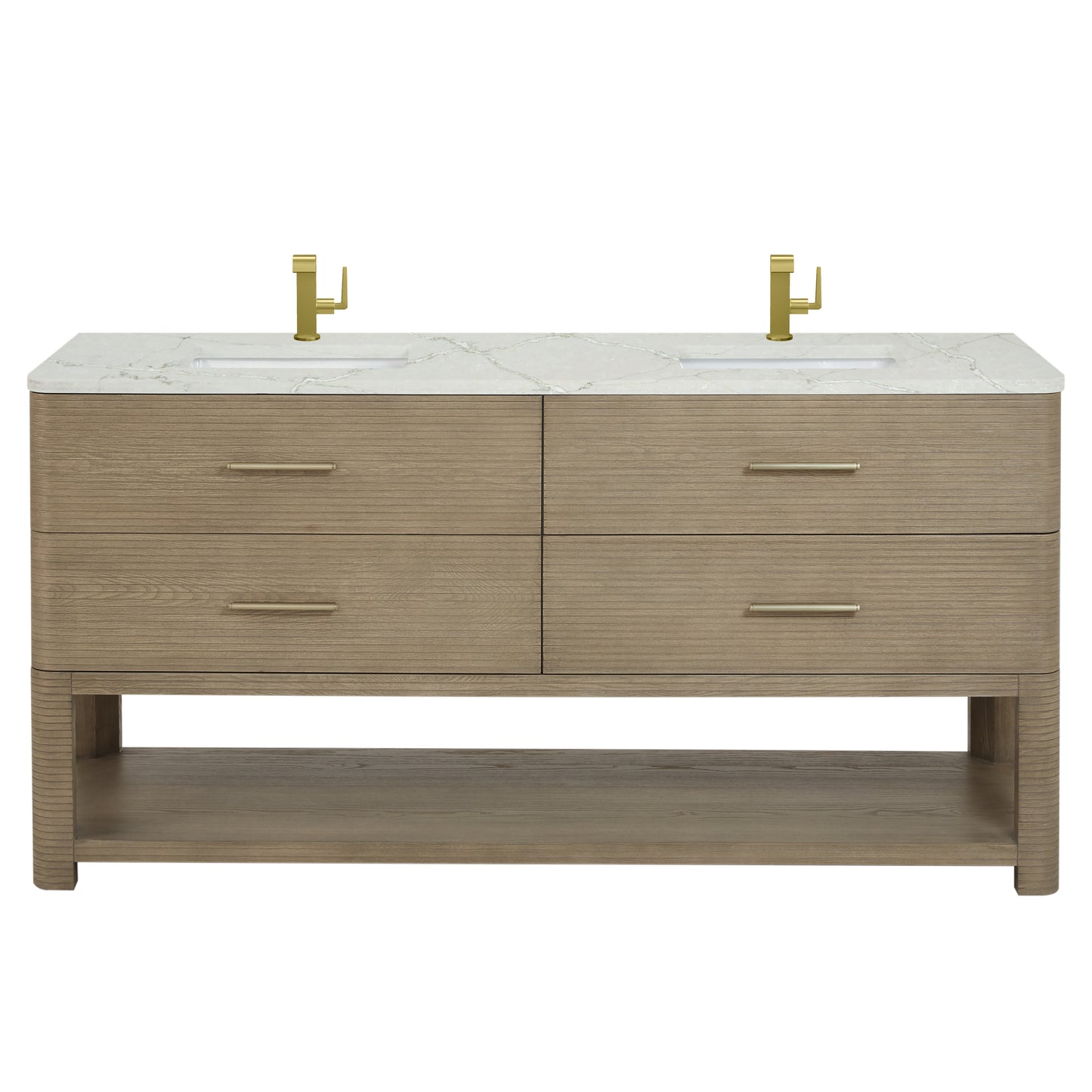 James Martin Lucian 72" Double Vanity, Pebble Oak w/ 3 CM Top - Luxe Bathroom Vanities