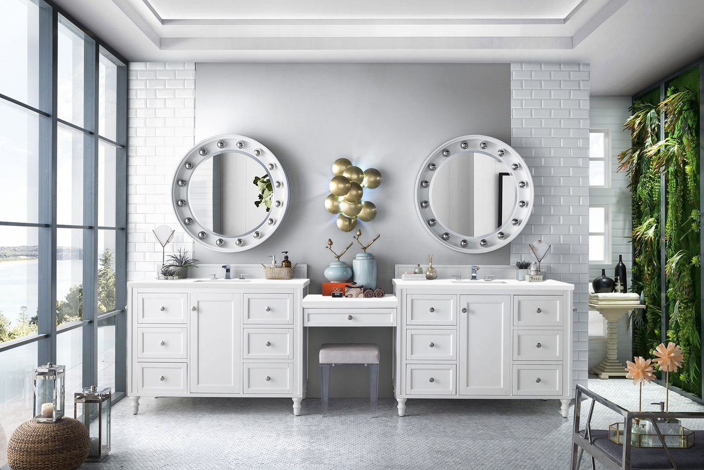 James Martin Copper Cove Encore 122" Double Vanity Set with Makeup Table and 3 CM Countertop - Luxe Bathroom Vanities