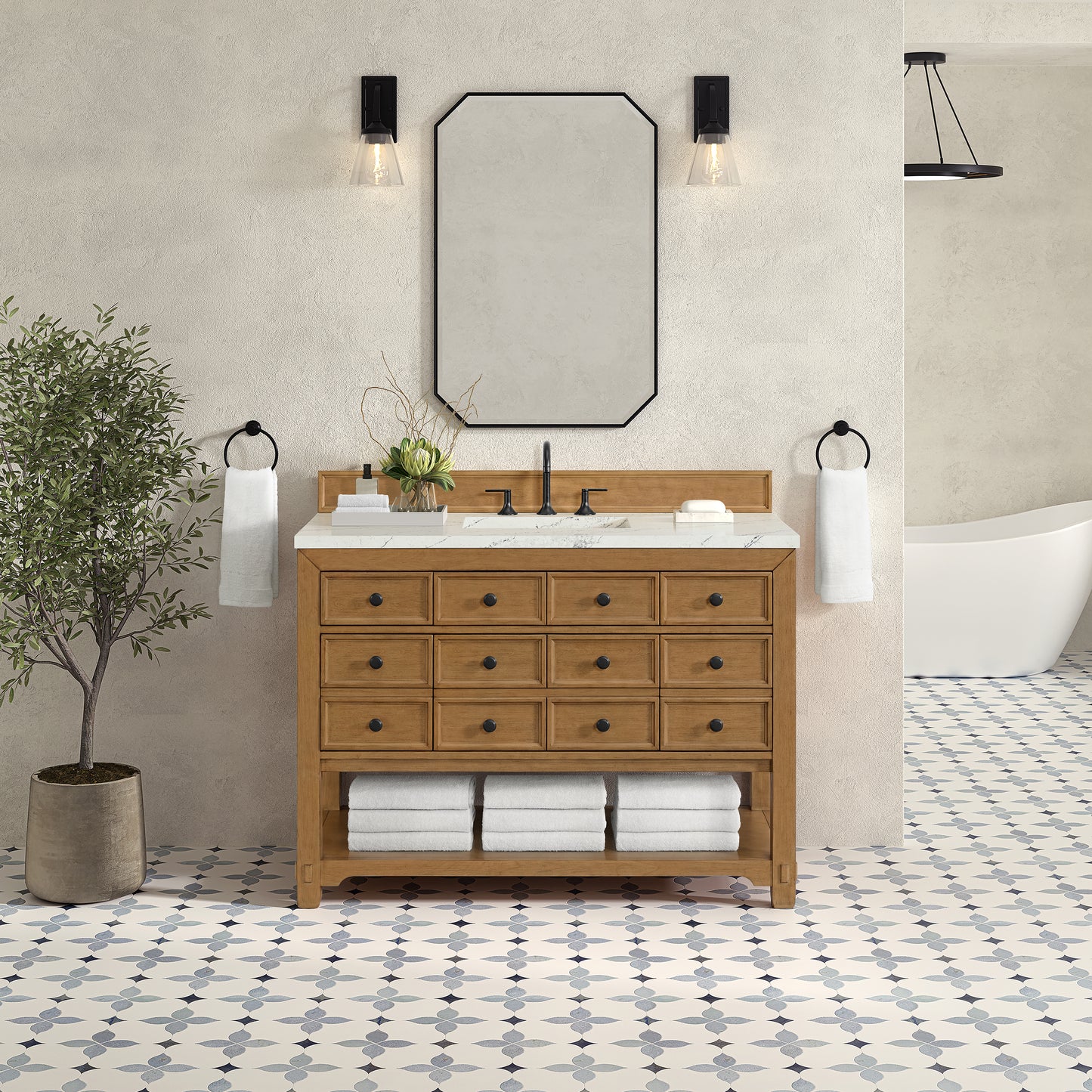 James Martin Malibu 48" Single Vanity, Amber Birch with 3 CM Countertop & FreePower Wireless Charger