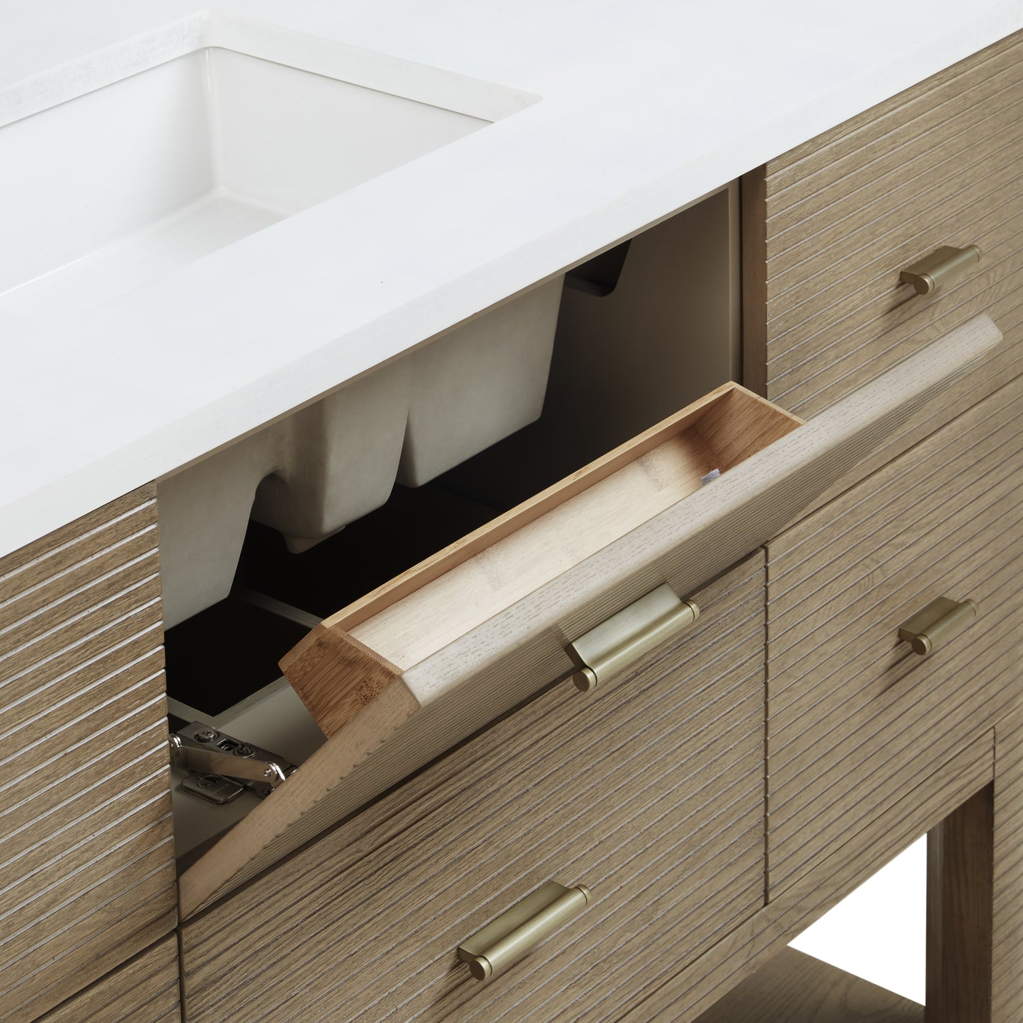 James Martin Lucian 48" Single Vanity, Pebble Oak w/ 3 CM Top - Luxe Bathroom Vanities