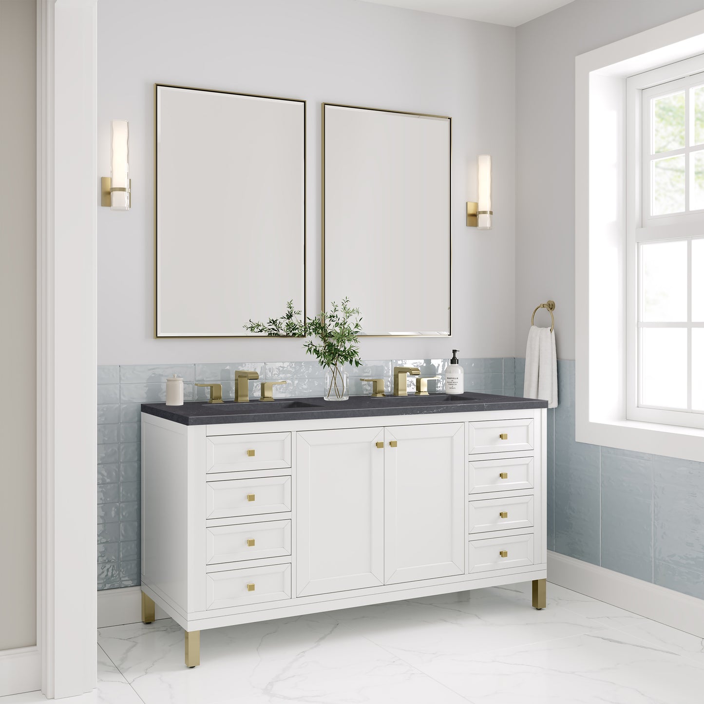 James Martin Chicago 60" Double Vanity, Glossy White - Luxe Bathroom Vanities