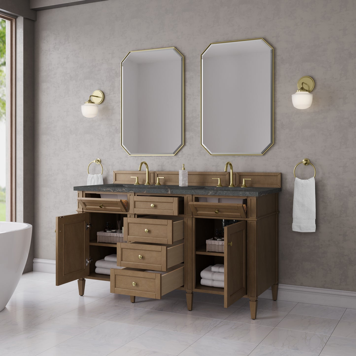 James Martin Brittany 60" Double Vanity with 3 CM Countertop & FreePower Wireless Charger
